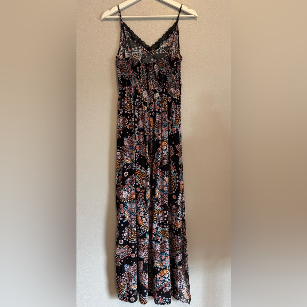 LOVESTITCH Floral Lace Trim Maxi Dress Black Boho Smocked Back Small NWT - Picture 4 of 10